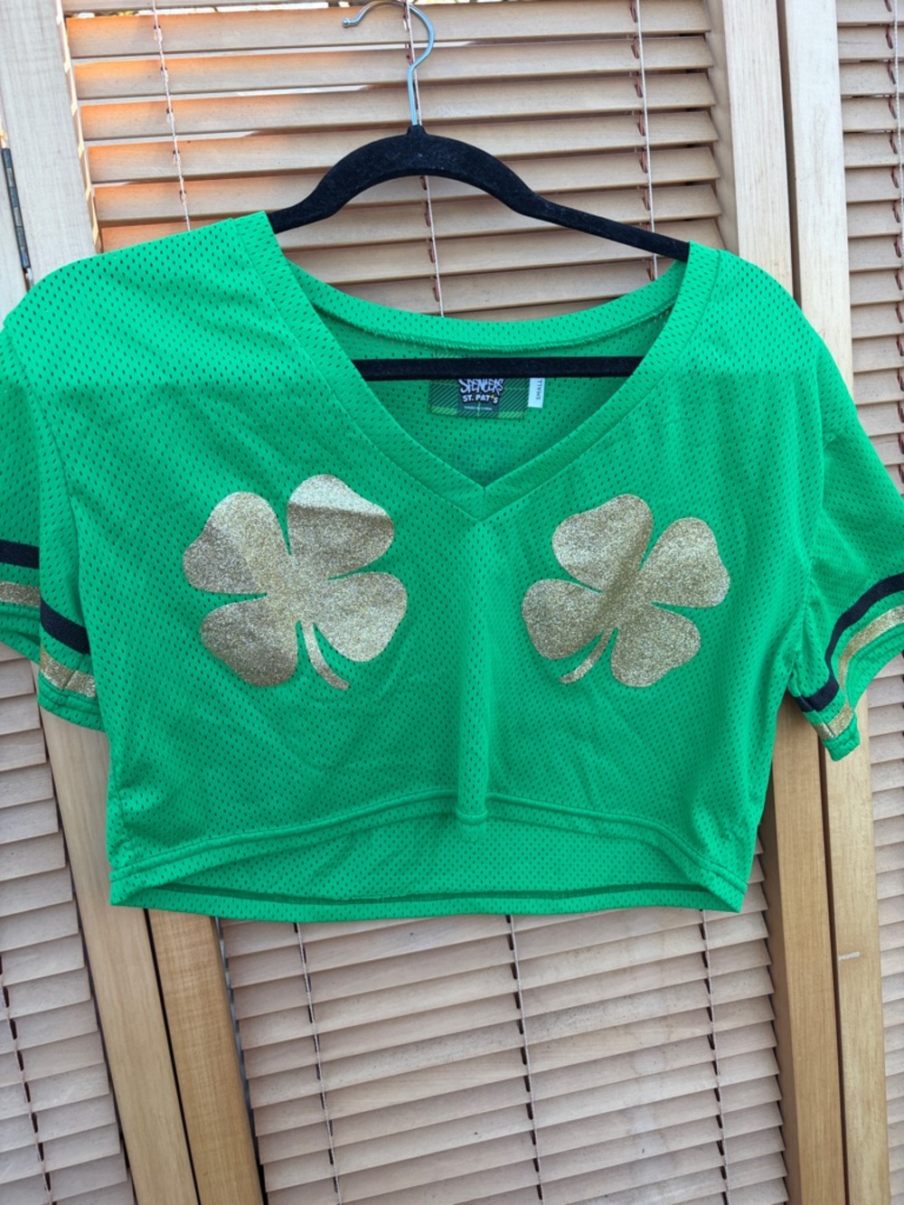 Spencer's Green Cropped Mesh Top with Gold Shamrocks